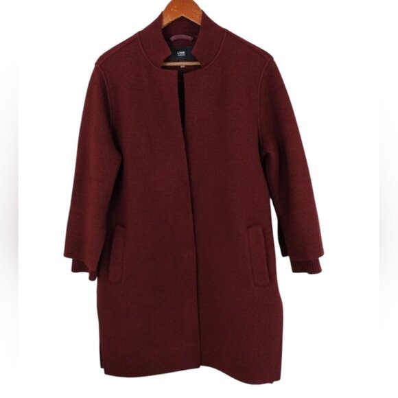 LINE THE LABEL Wool Blend Coat Maroon Size Medium Snap Button Classic Neutral - Picture 1 of 12